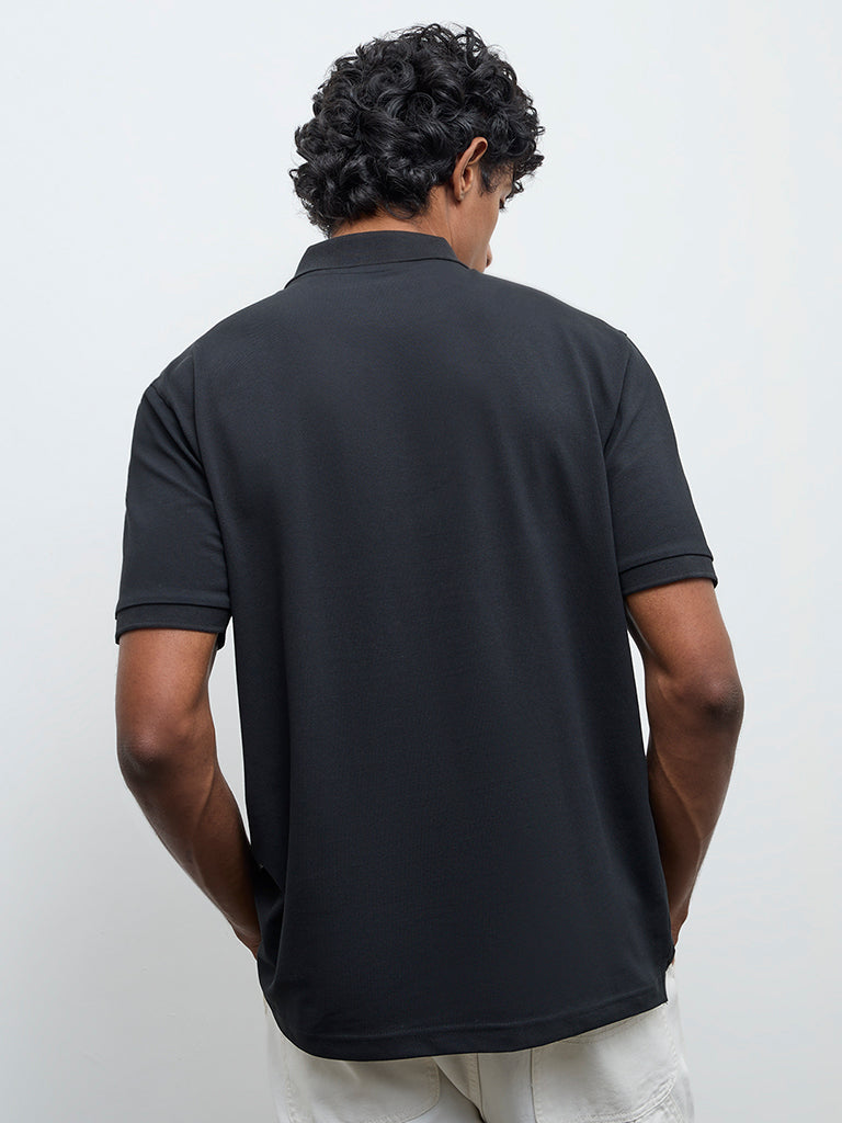WES Casuals Black Solid Relaxed-Fit Polo T-Shirt