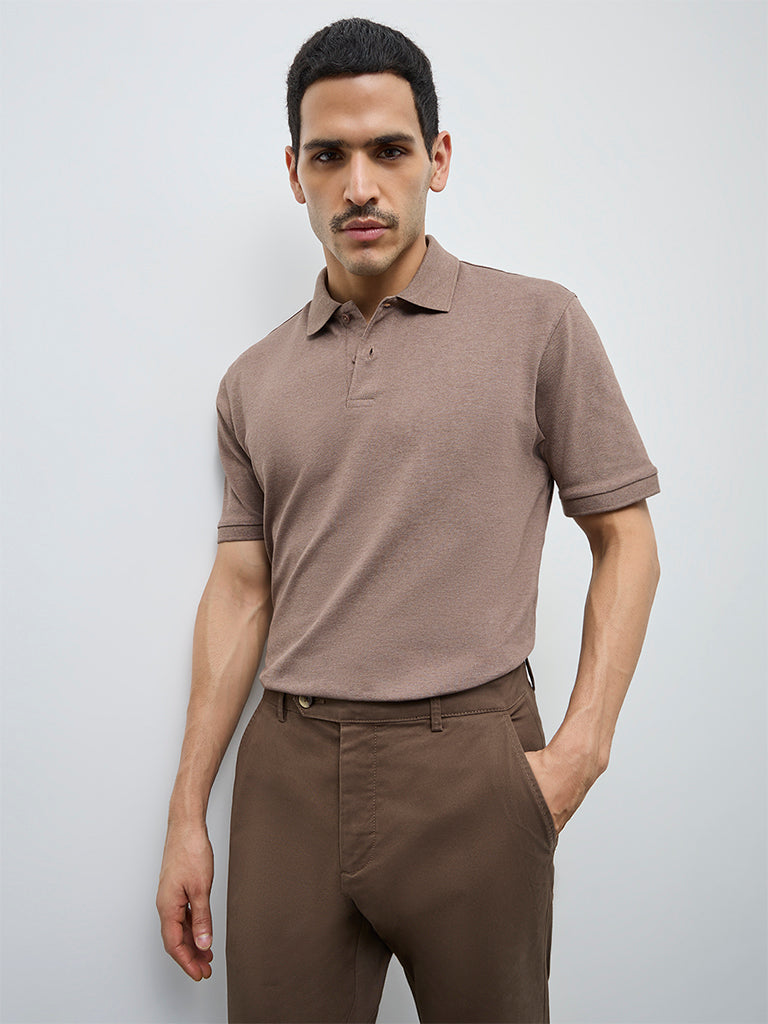 WES Casuals Brown Relaxed-Fit Cotton-Blend Polo T-Shirt