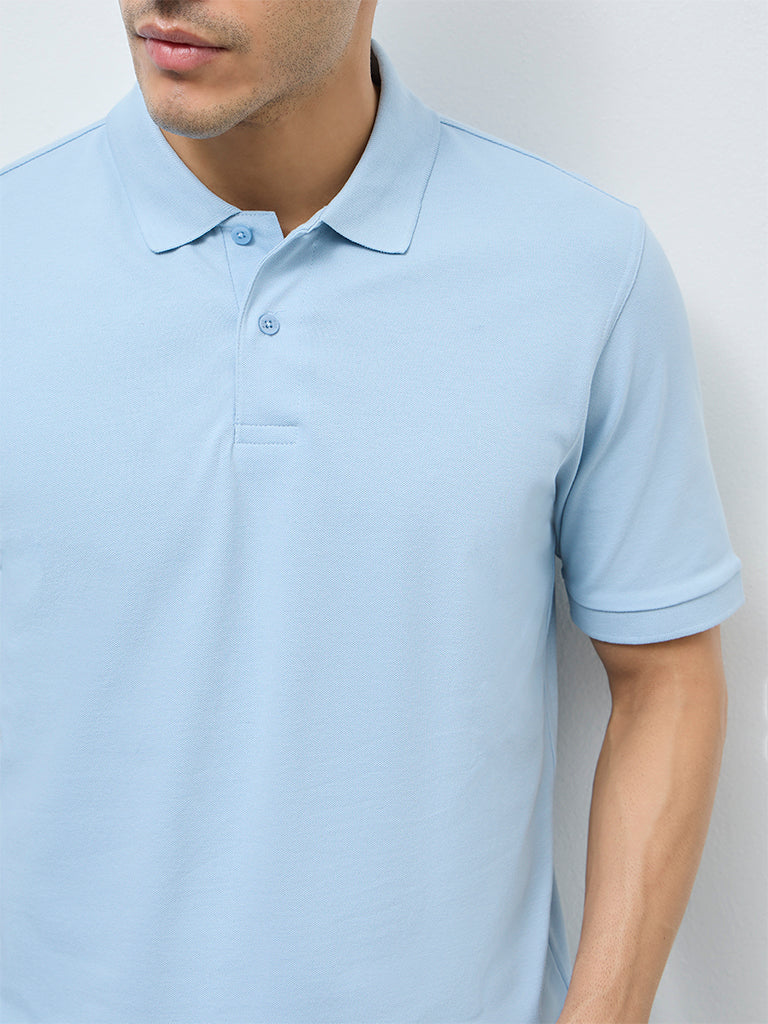 WES Casuals Light Blue Relaxed-Fit Cotton-Blend Polo T-Shirt