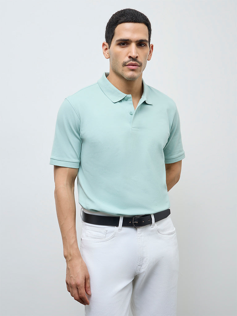 WES Casuals Mint Solid Relaxed-Fit Cotton-Blend Polo T-Shirt