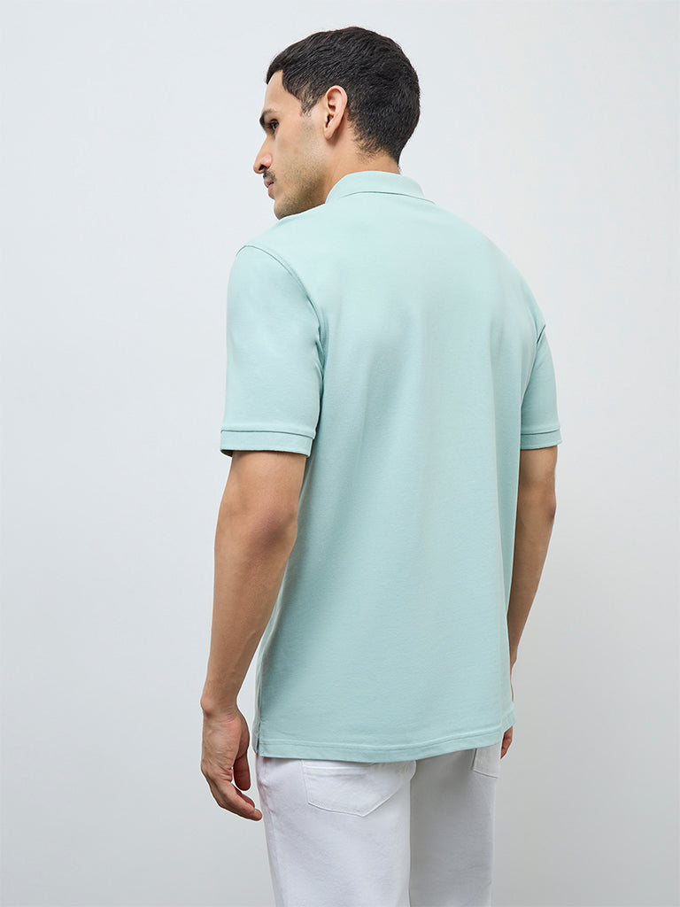 WES Casuals Mint Solid Relaxed-Fit Cotton-Blend Polo T-Shirt