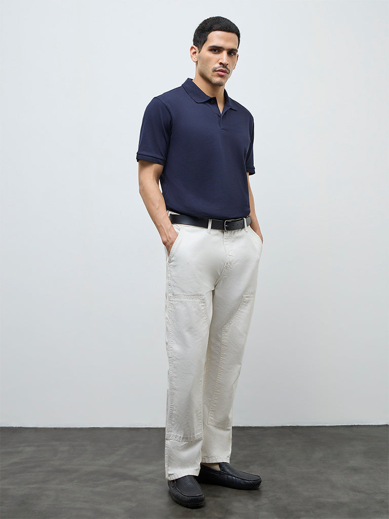 WES Casuals Navy Solid Relaxed-Fit Cotton-Blend Polo T-Shirt