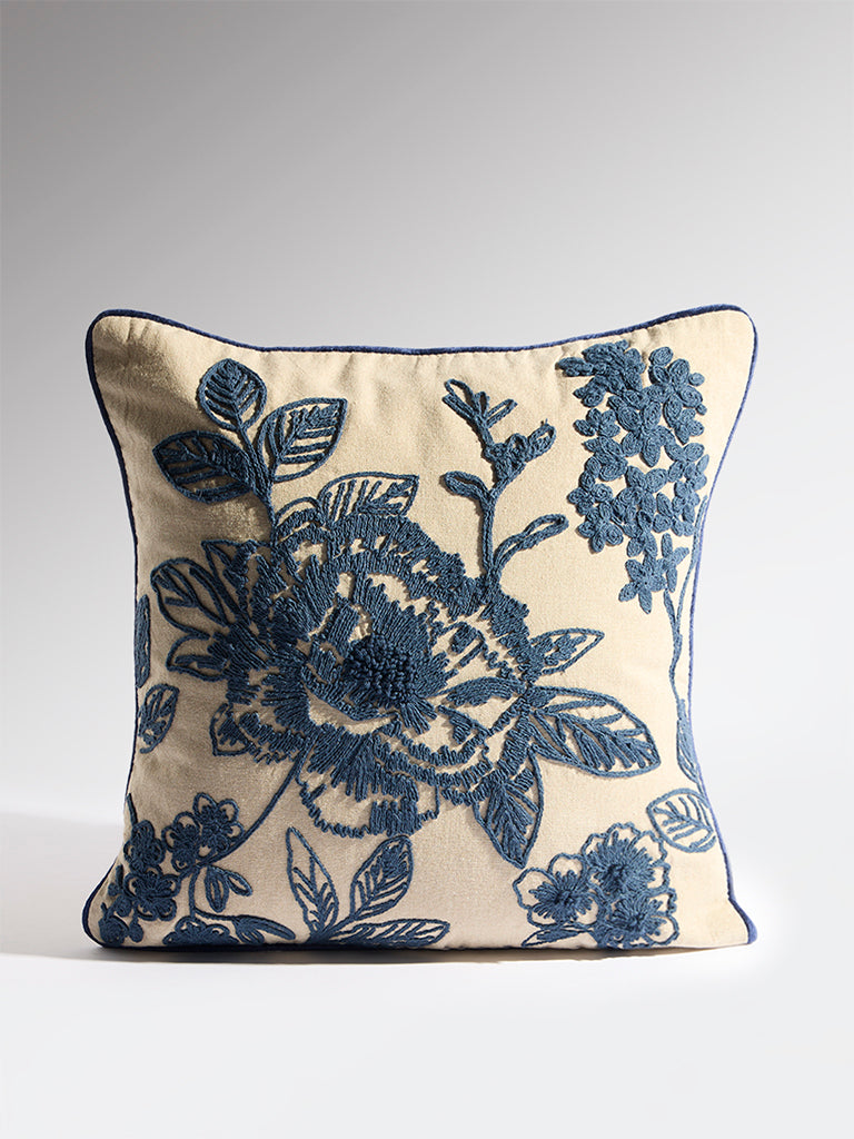 Westside Home Dark Blue Floral Embroidered Cushion Cover