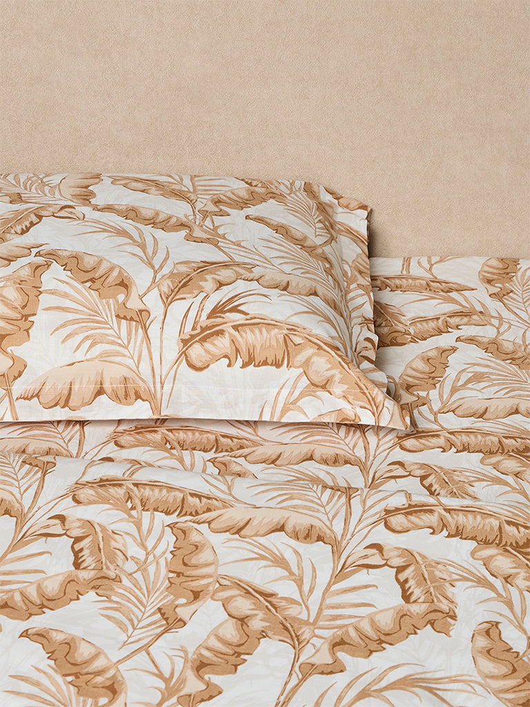 Westside Home Brown Leaf Printed Queen Bed Sheet Set