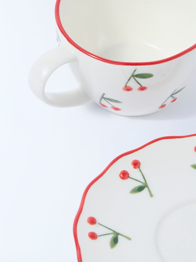 Westside Home White and Red Cherry Cup and Saucer