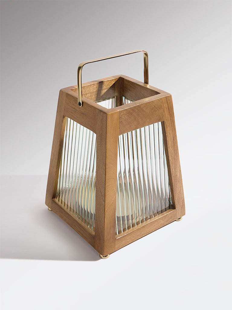 Westside Home Dark Brown Ribbed-Textured Wooden Lantern