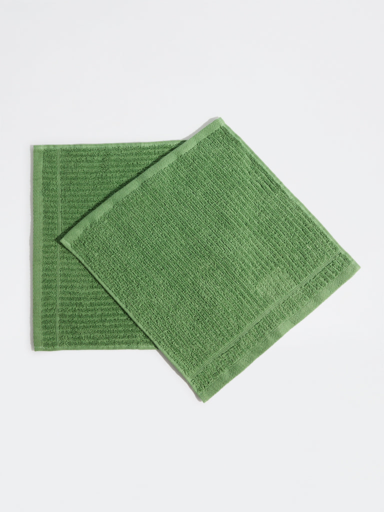 Westside Home Green Self-Striped Face Towels (Set of 2)