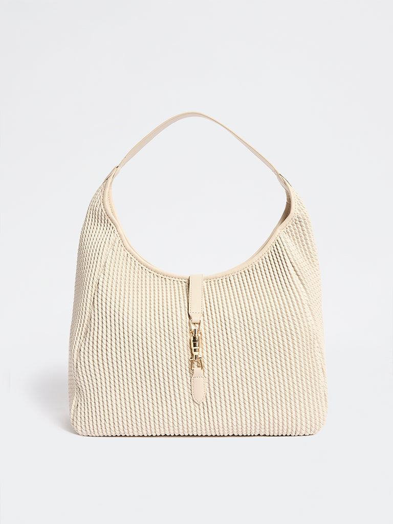 Westside Off-White Woven-Textured Hobo Bag