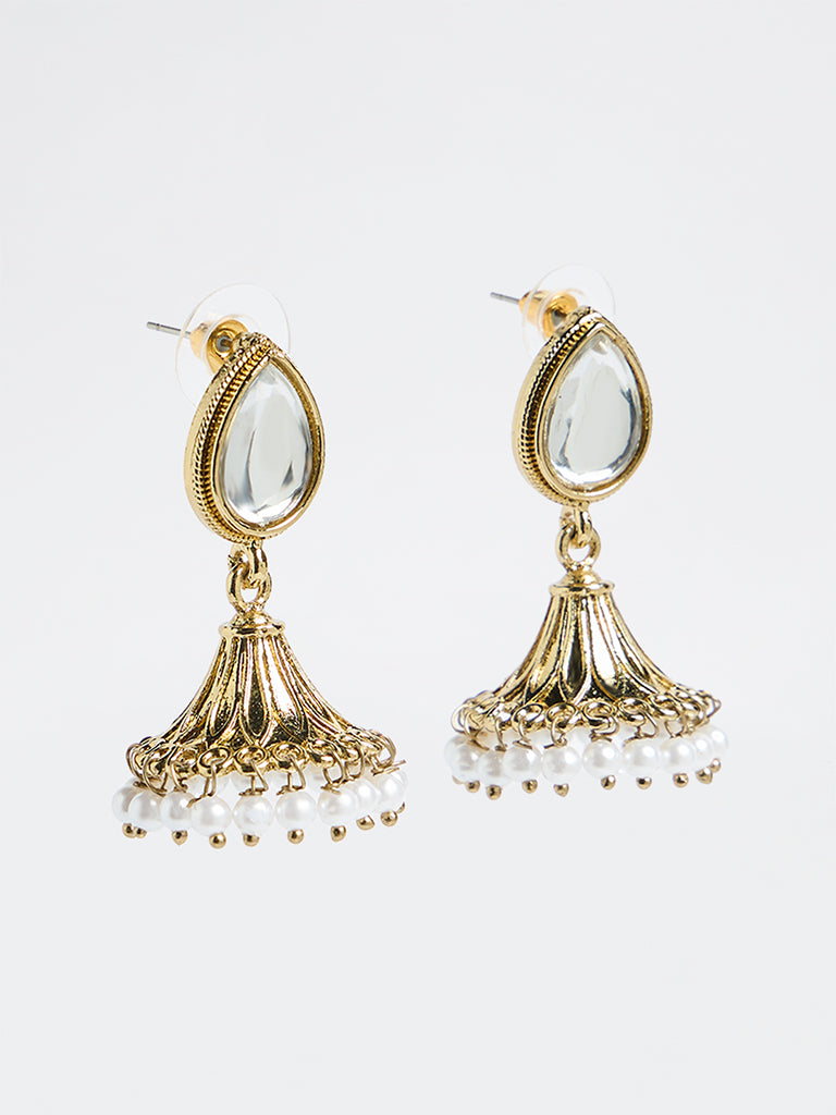 Westside Accessories Gold Stone and Pearl Jhumka Earrings
