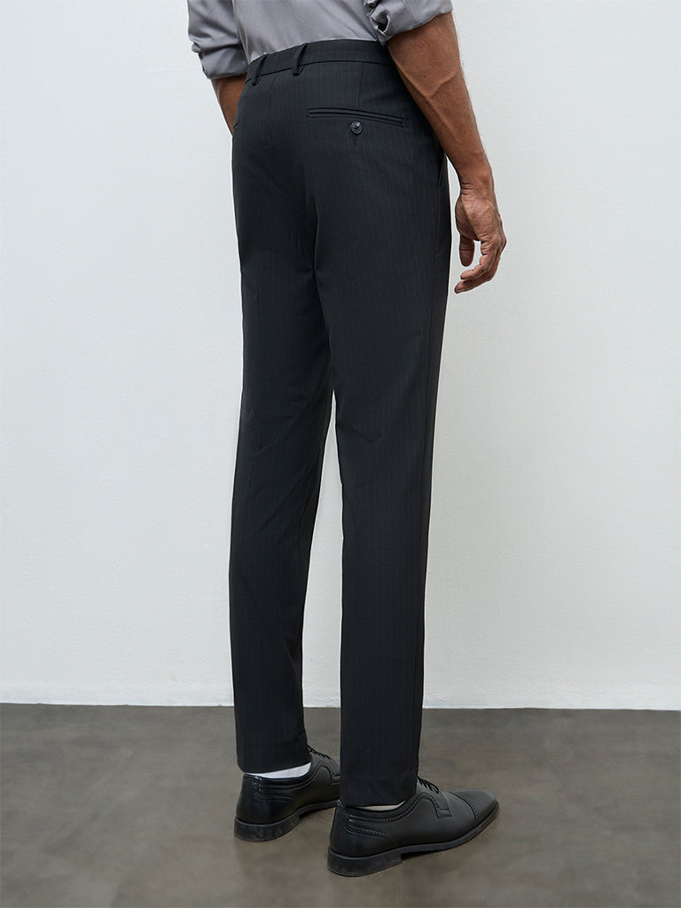 WES Formals Black Ultra Slim-Fit Mid-Rise Trousers
