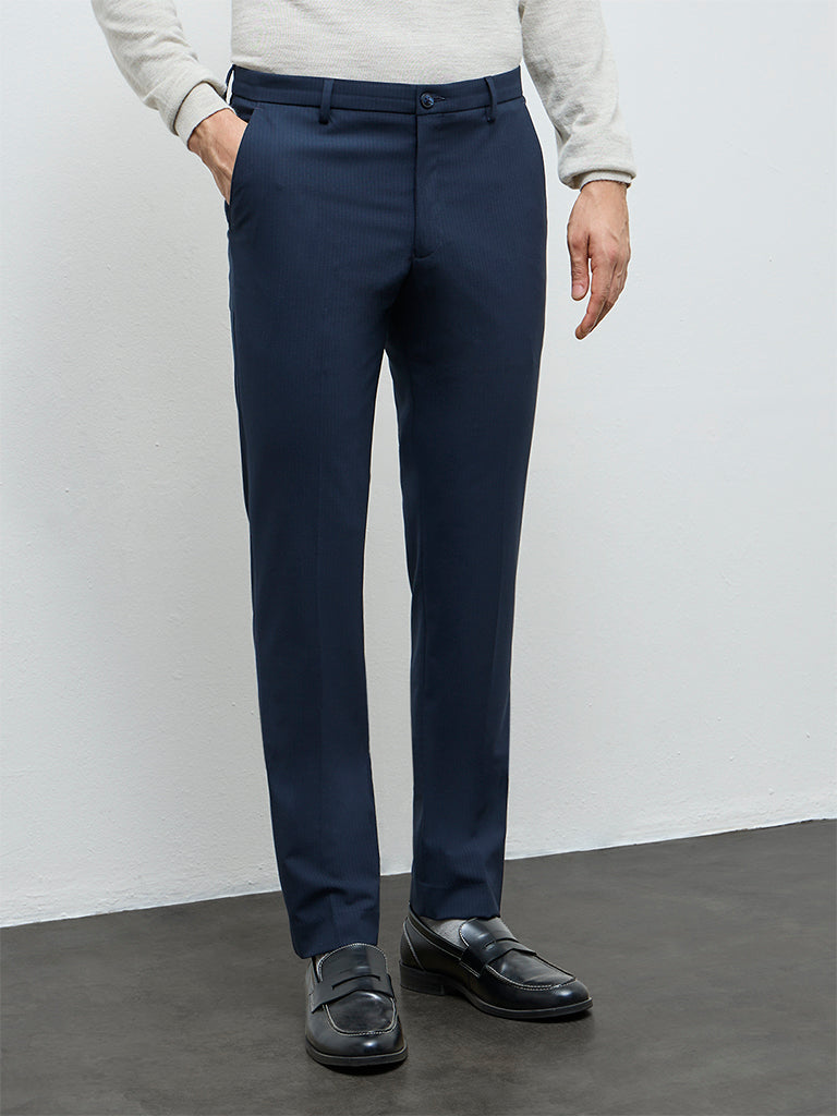WES Formals Navy Pinstripe Ultra Slim-Fit Mid-Rise Trousers