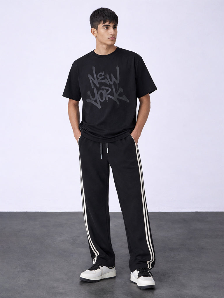 Boys Black Striped Mid-Rise Cotton-Blend Track Pants