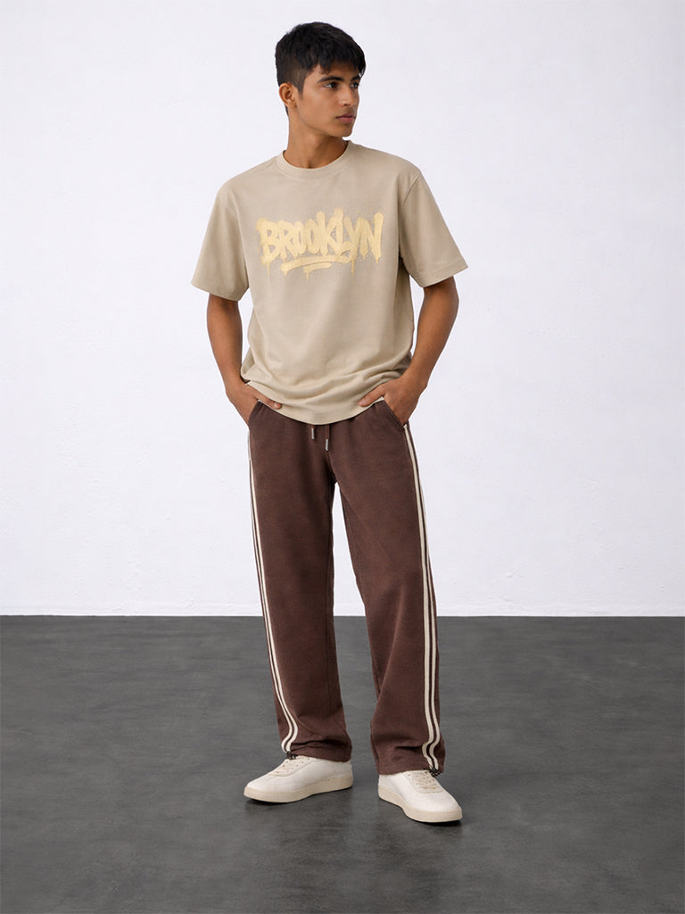 Boys Brown Striped Mid-Rise Cotton-Blend Track Pants
