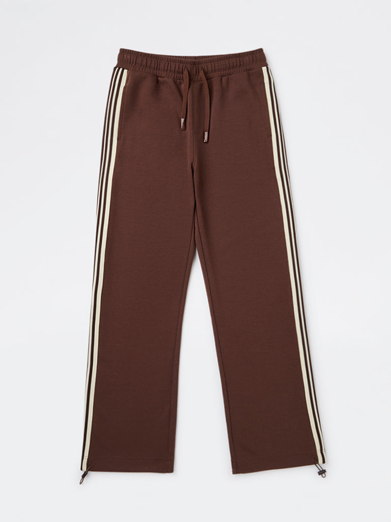 Boys Brown Striped Mid-Rise Cotton-Blend Track Pants