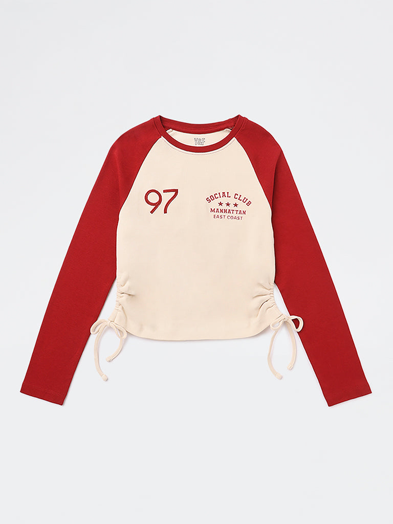 Girls Red Text Printed Cotton-Blend Top