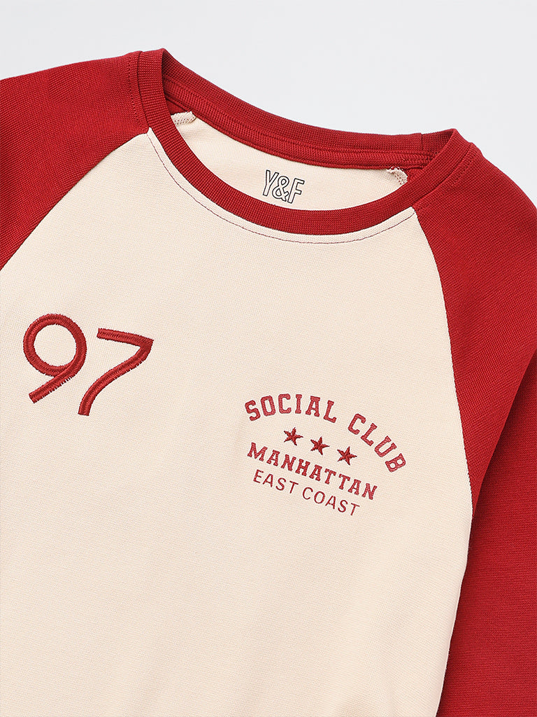 Girls Red Text Printed Cotton-Blend Top