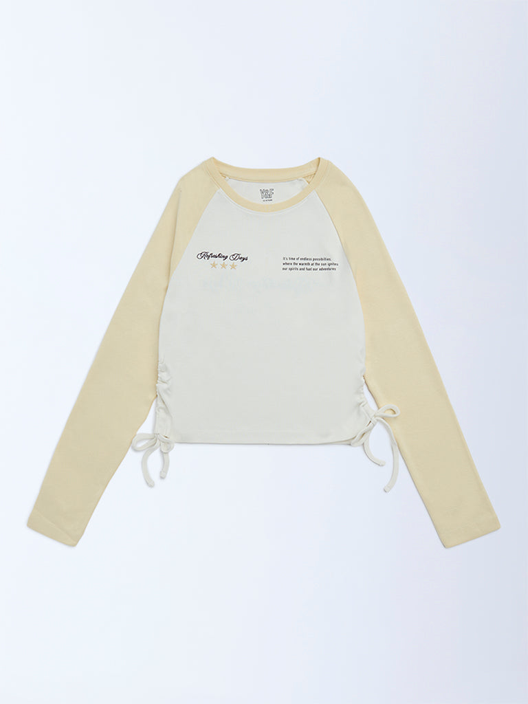 Girls Yellow Typographic Cotton-Blend Top