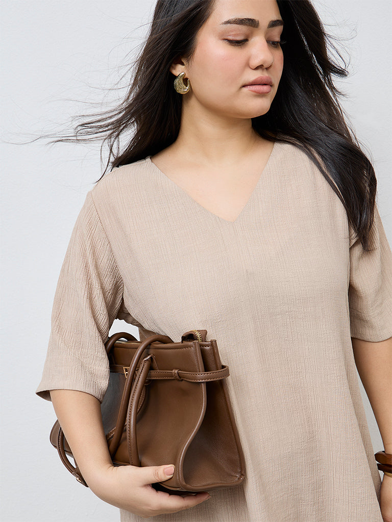 Diza Beige Textured High-Low Tunic