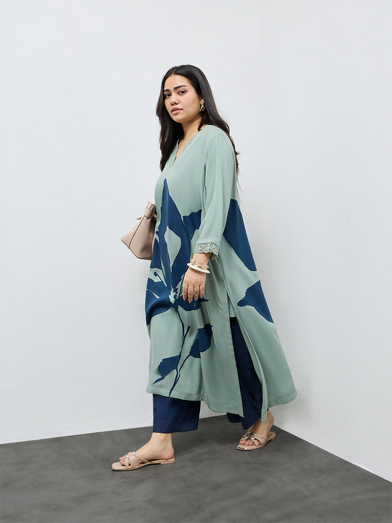 Diza Mint Floral Printed A-Line Kurta