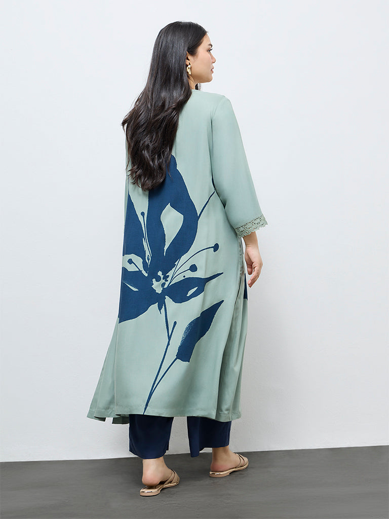 Diza Mint Floral Printed A-Line Kurta