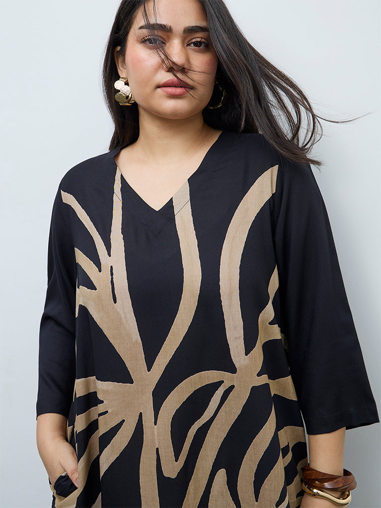 Diza Black Abstract Printed A-Line Kurta