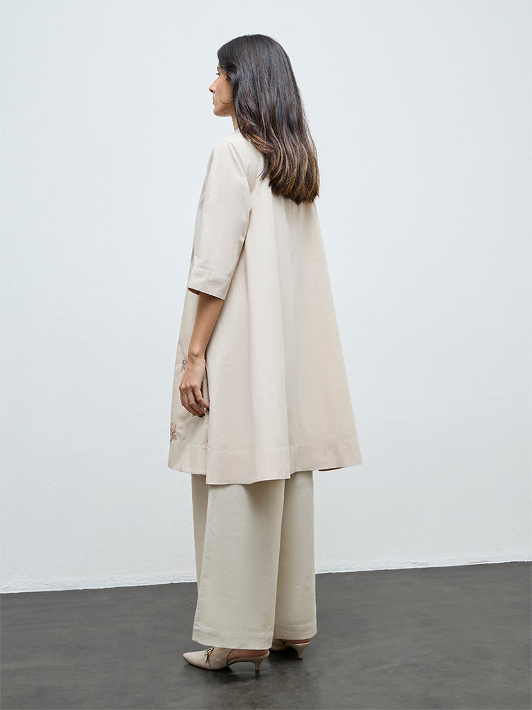 Zuba Off-White Floral Embroidered Cotton A-Line Kurta