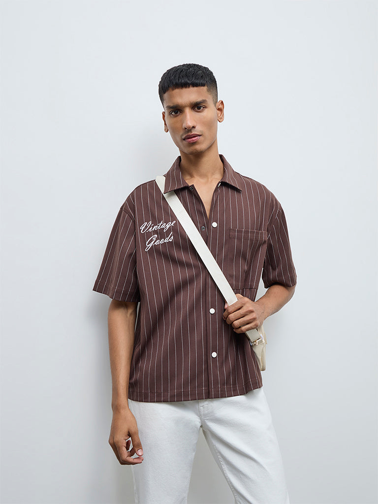 Nuon Brown Striped Relaxed-Fit Shirt