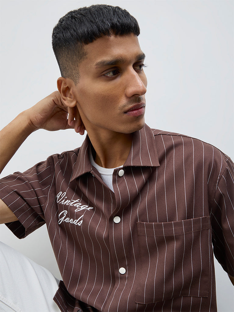 Nuon Brown Striped Relaxed-Fit Shirt