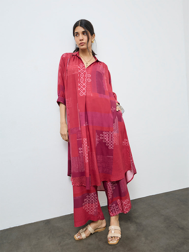 Utsa Red Printed A-Line Kurta