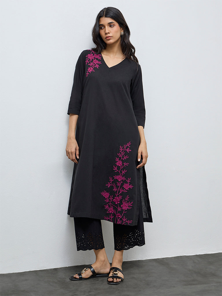 Utsa Black Floral Embroidery Cotton-Blend A-Line Kurta