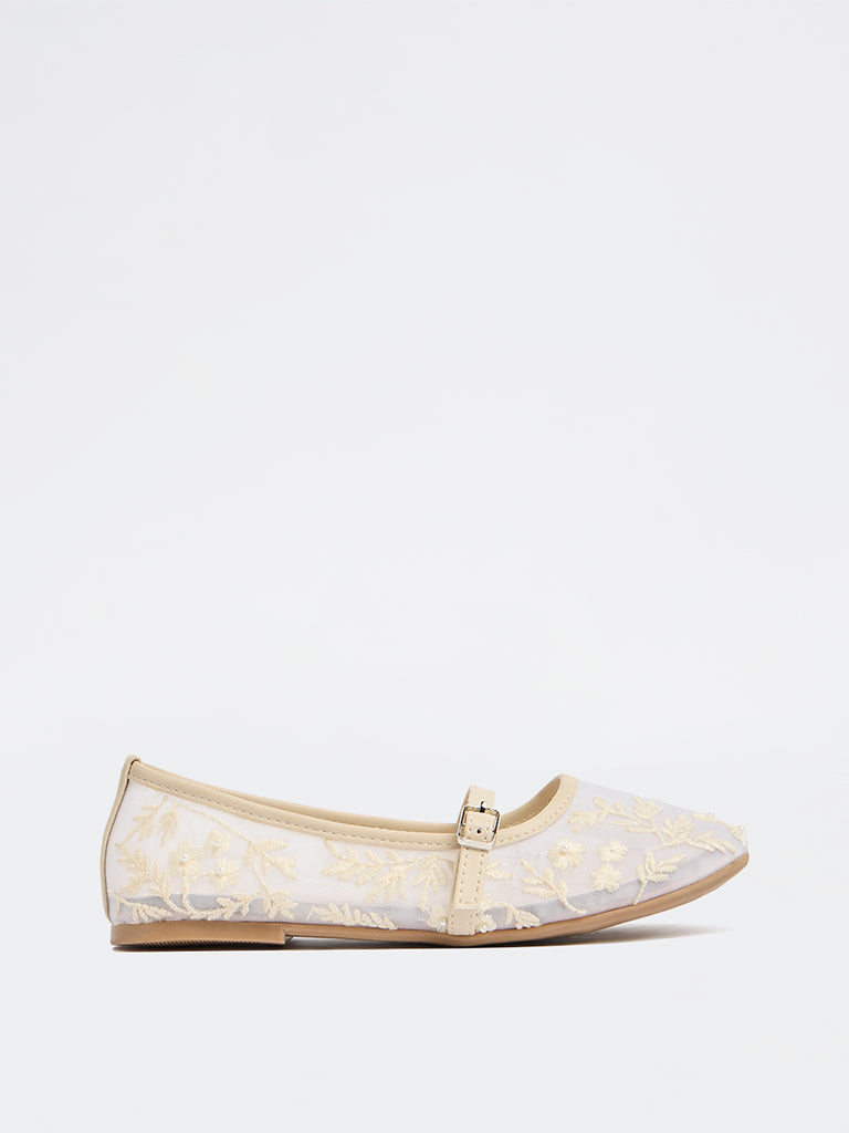 Yellow Ivory Floral Embroidered Mary Jane Shoes