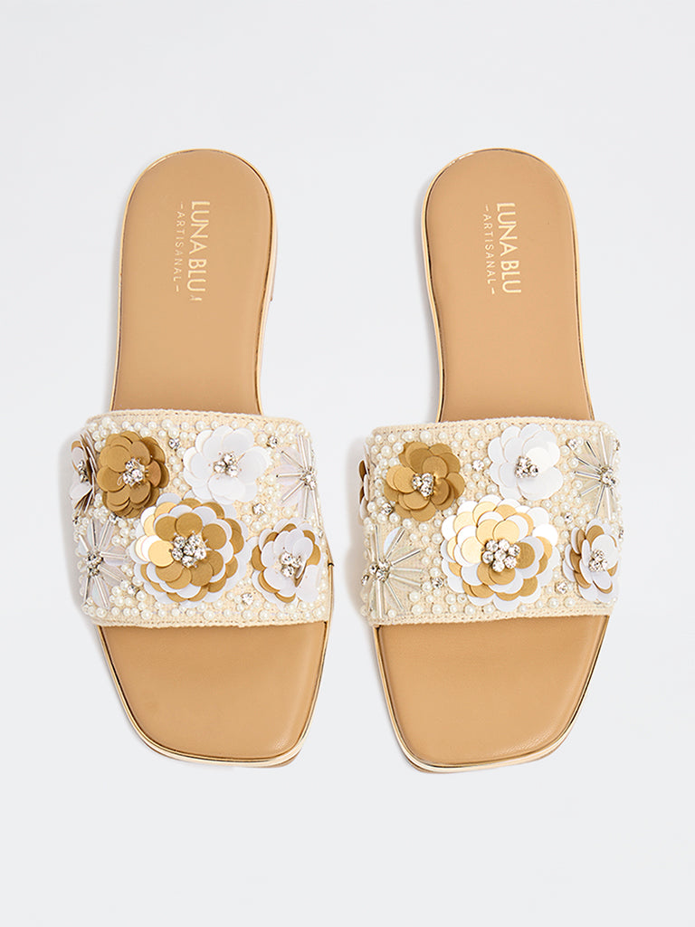 LUNA BLU Beige Floral Embellished Slides
