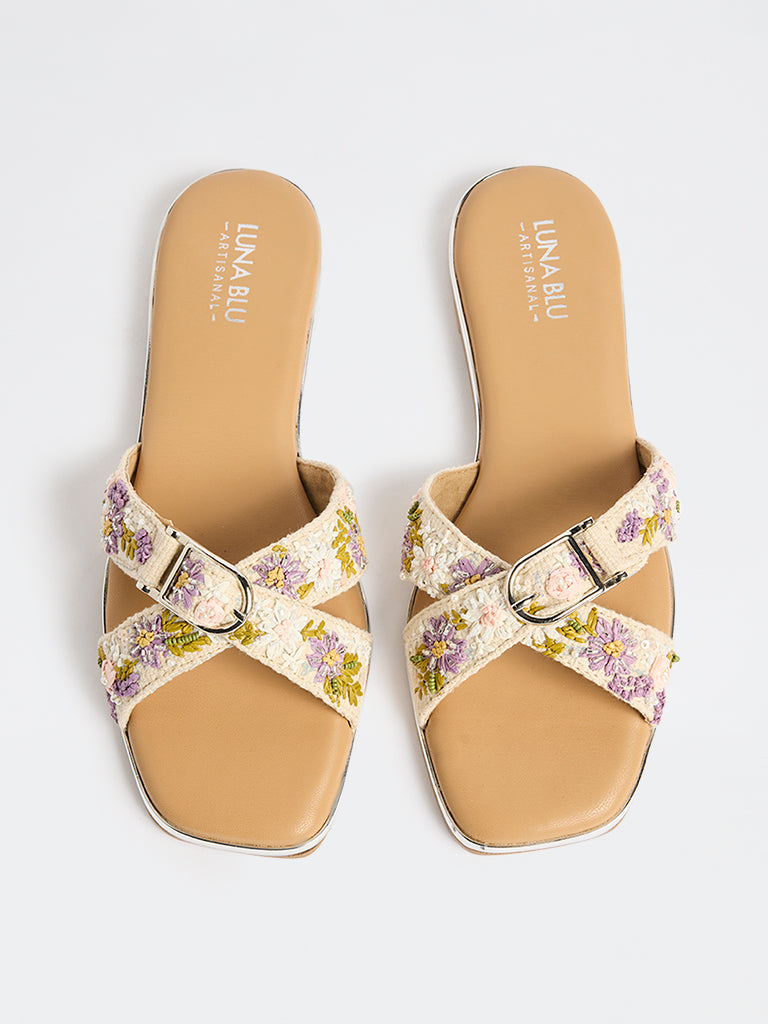 LUNA BLU Lilac Floral Embroidered Slides