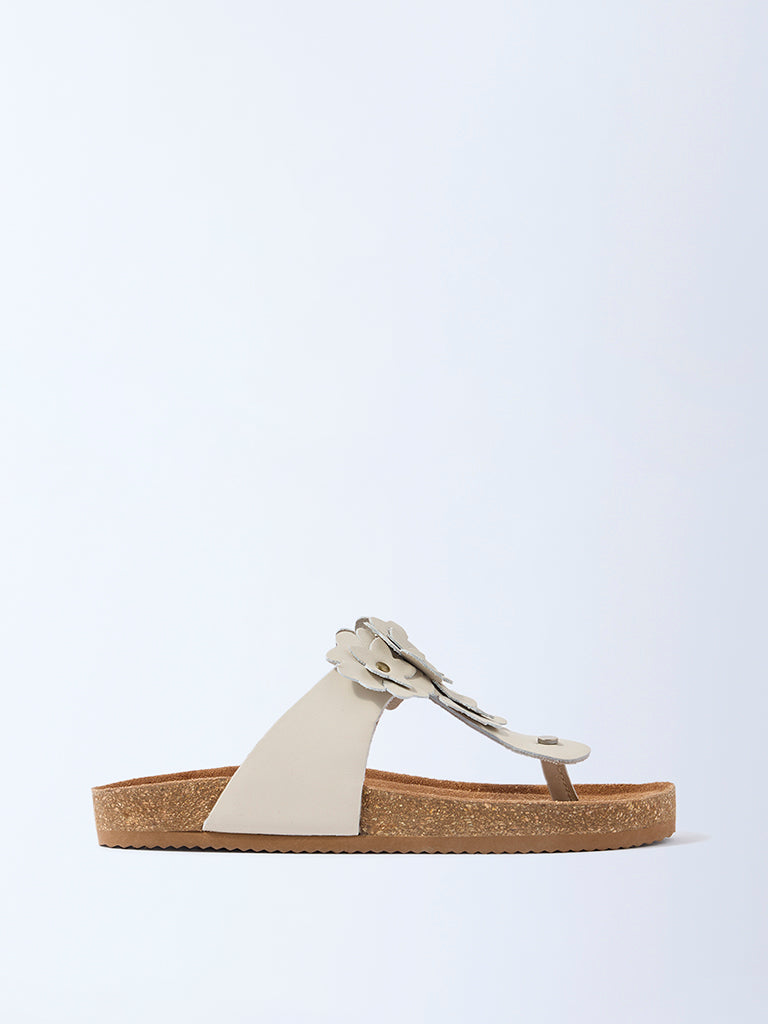 LUNA BLU Ivory Floral Thong-Strap Leather Sandals