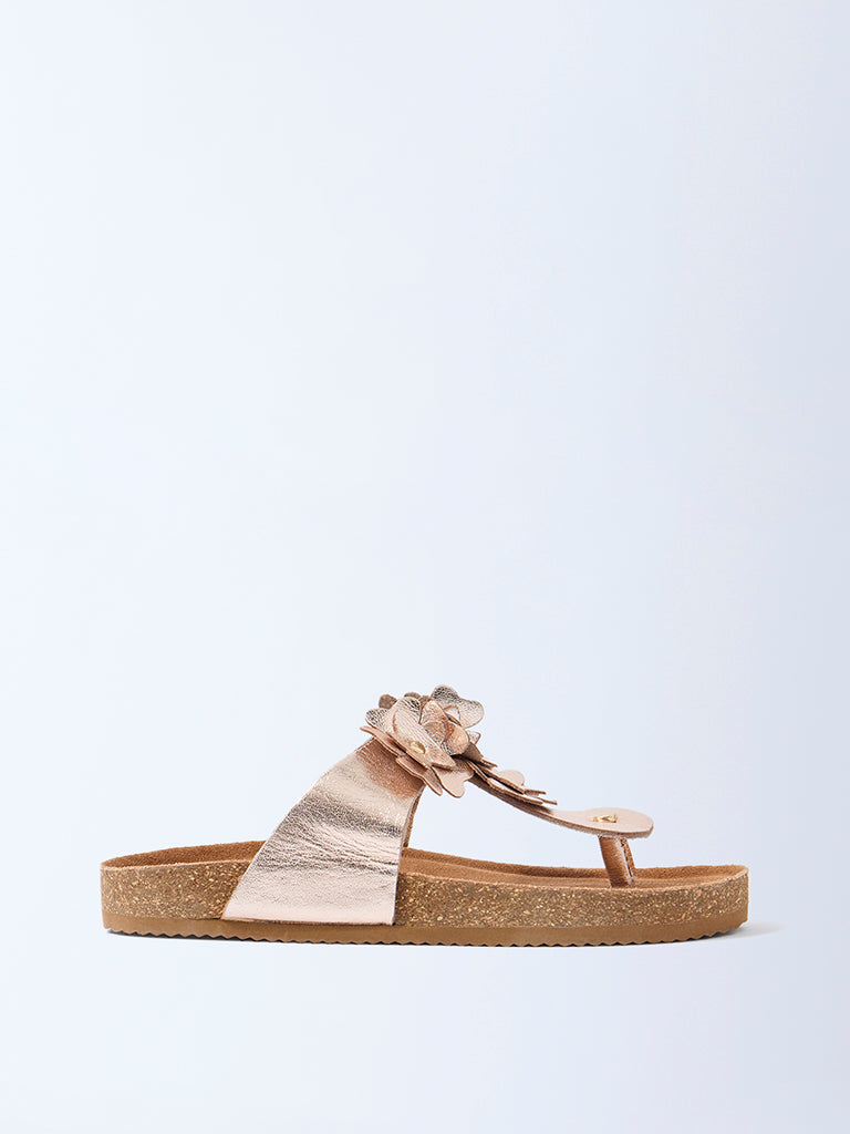 LUNA BLU Rose Gold Floral Thong-Strap Leather Sandals