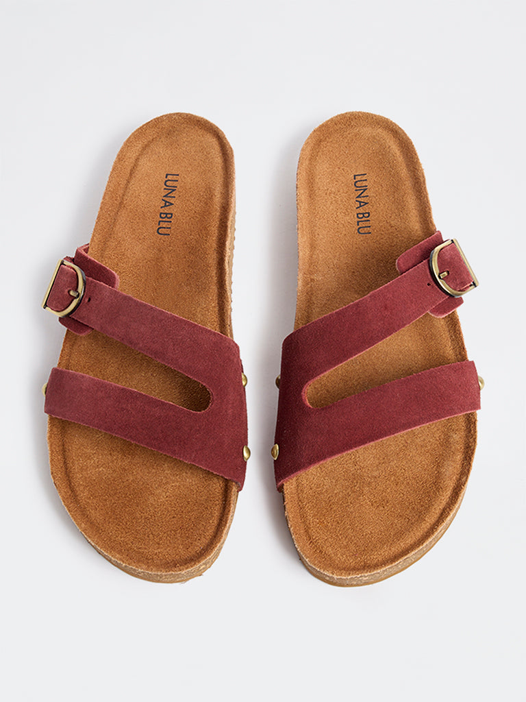 LUNA BLU Burgundy Buckle-Detailed Slip-On Sandals