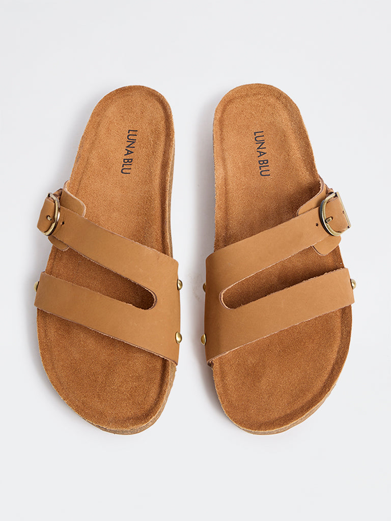 LUNA BLU Tan Buckle-Detailed Slip-On Sandals