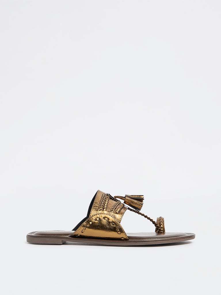LUNA BLU Dark Brown Tassel Detailed Kolhapuri Sandals