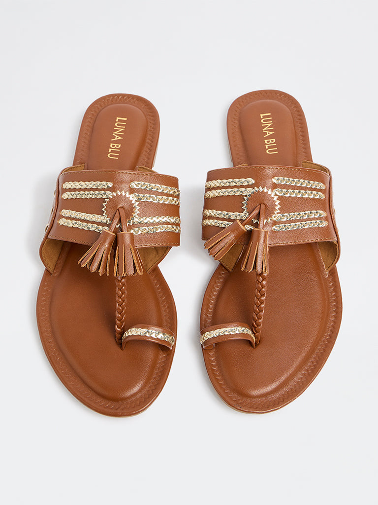 LUNA BLU Tan Tassel Detailed Kolhapuri Sandals