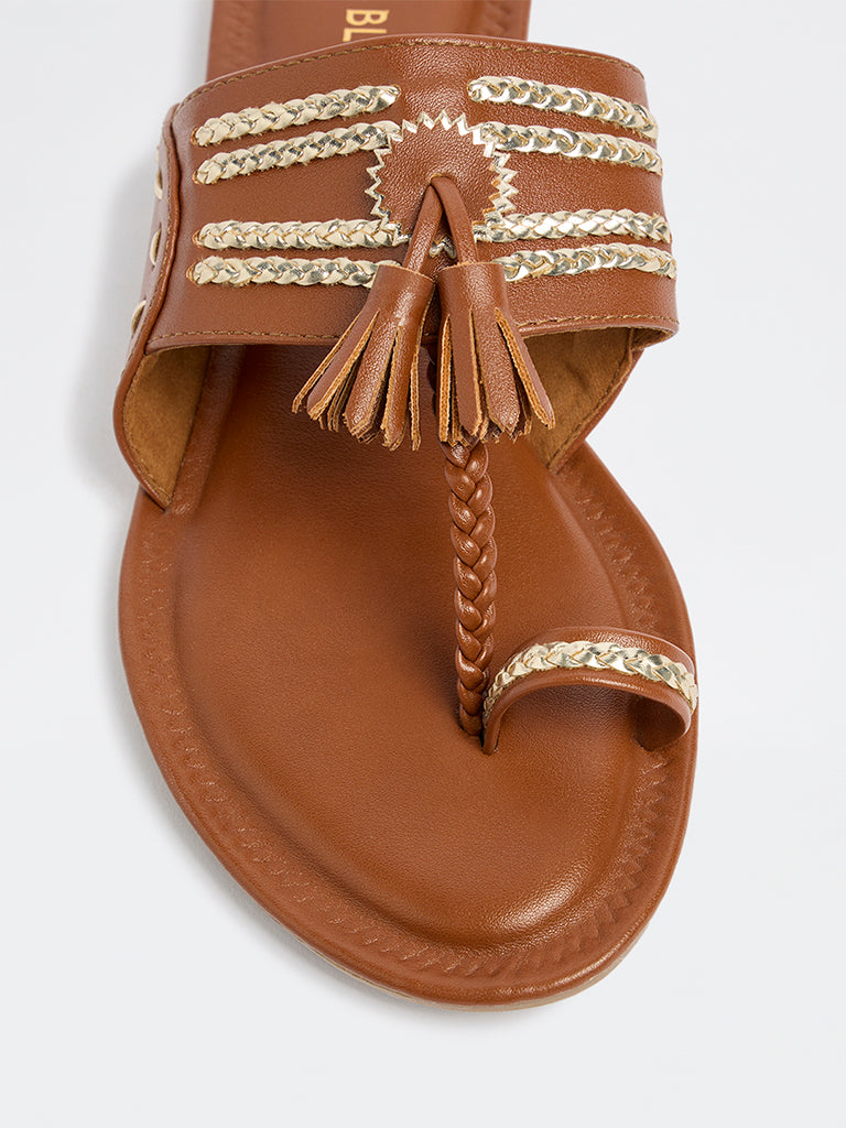 LUNA BLU Tan Tassel Detailed Kolhapuri Sandals
