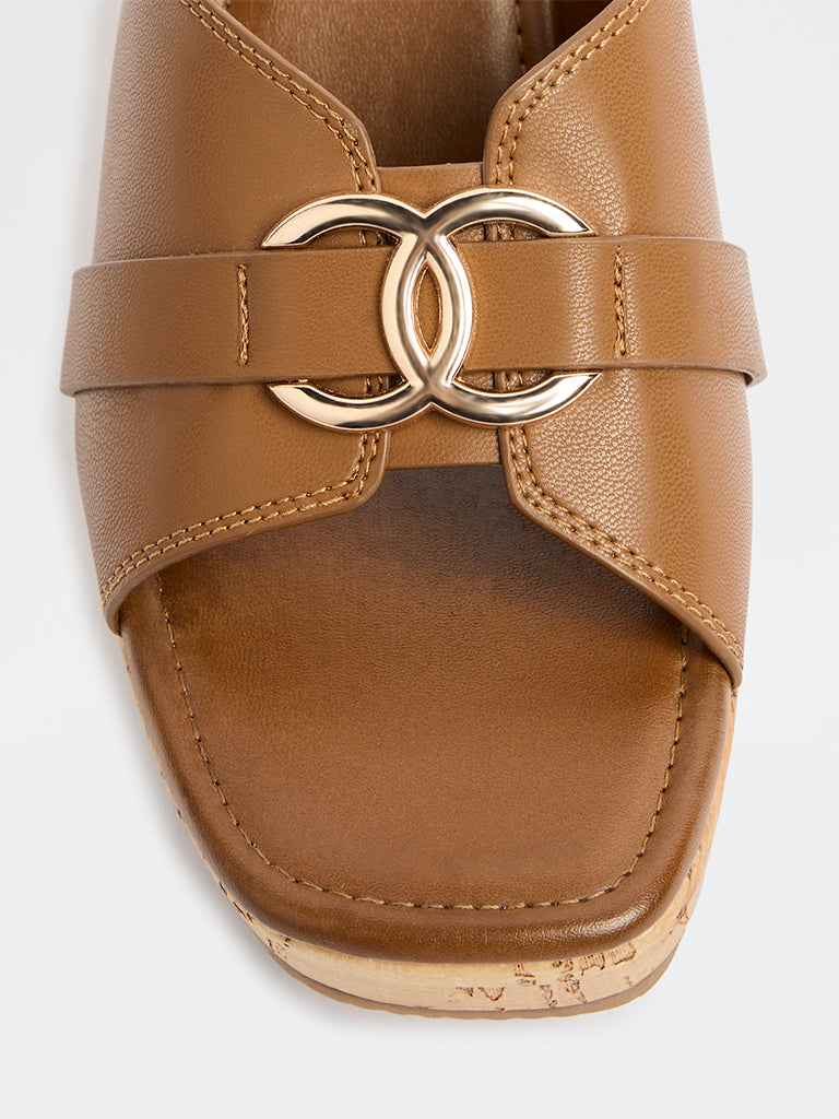 LUNA BLU Tan Buckle-Detailed Wedges Sandals