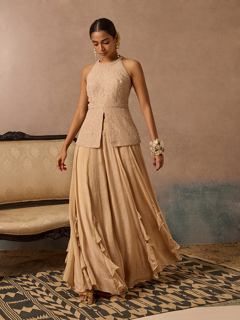 Embellished Beige Top with Pants Set