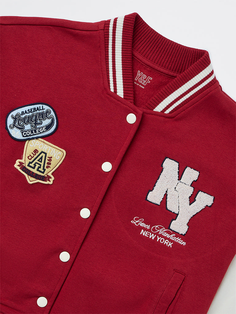 Girls Red Text Detailed Cotton-Blend Varsity Jacket