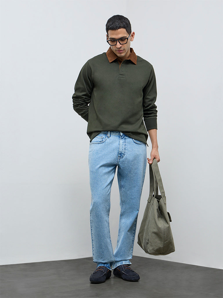 WES Casuals Olive Solid Relaxed-Fit Cotton Polo T-Shirt