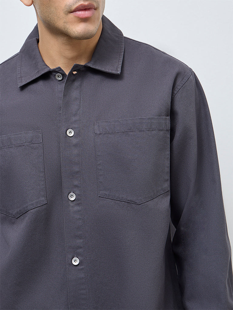 WES Casuals Charcoal Solid Relaxed-Fit Cotton Shirt