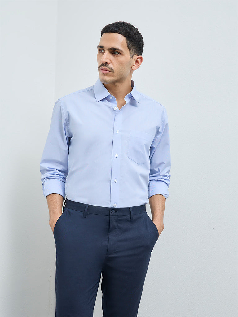 WES Formals Blue Solid Relaxed-Fit Cotton Shirt