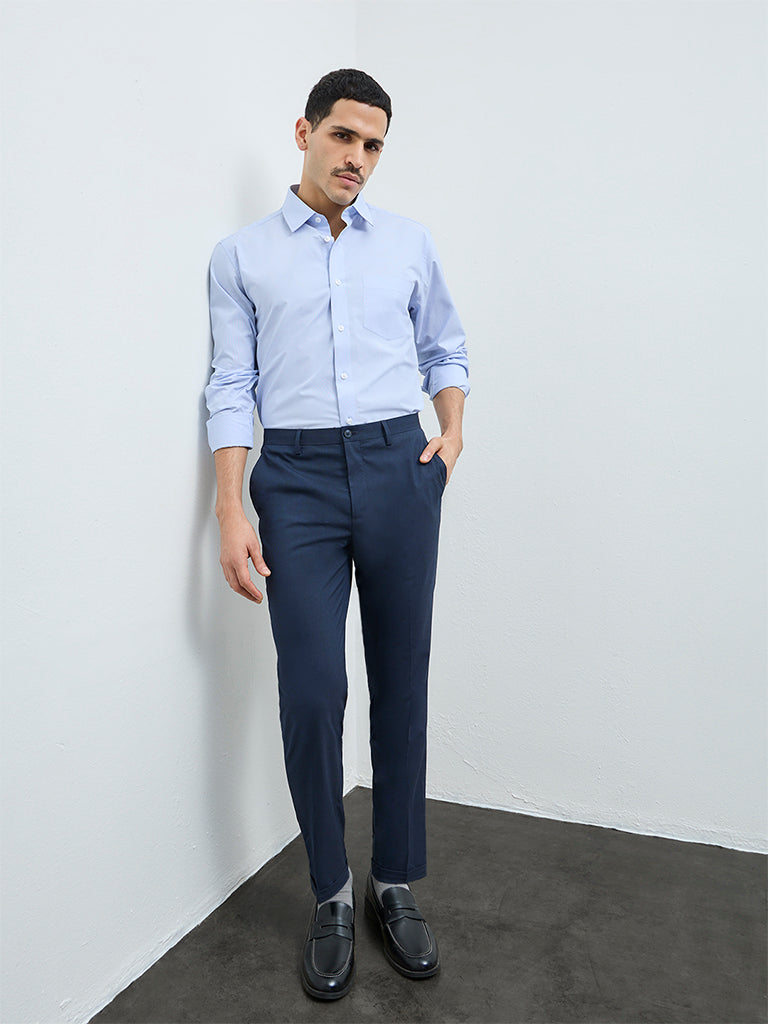 WES Formals Blue Solid Relaxed-Fit Cotton Shirt