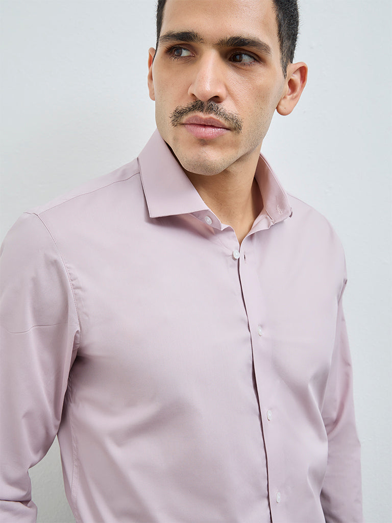 WES Formals Dusty Pink Solid Ultra Slim-Fit Cotton-Blend Shirt