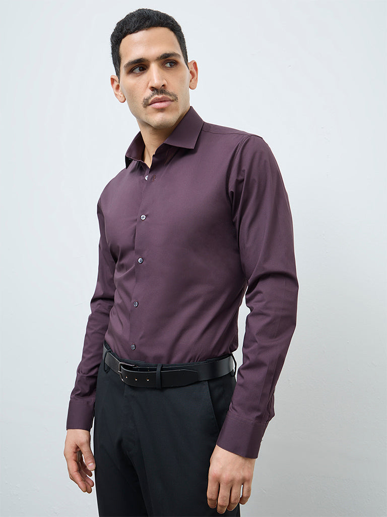 WES Formals Wine Solid Ultra Slim-Fit Cotton-Blend Shirt
