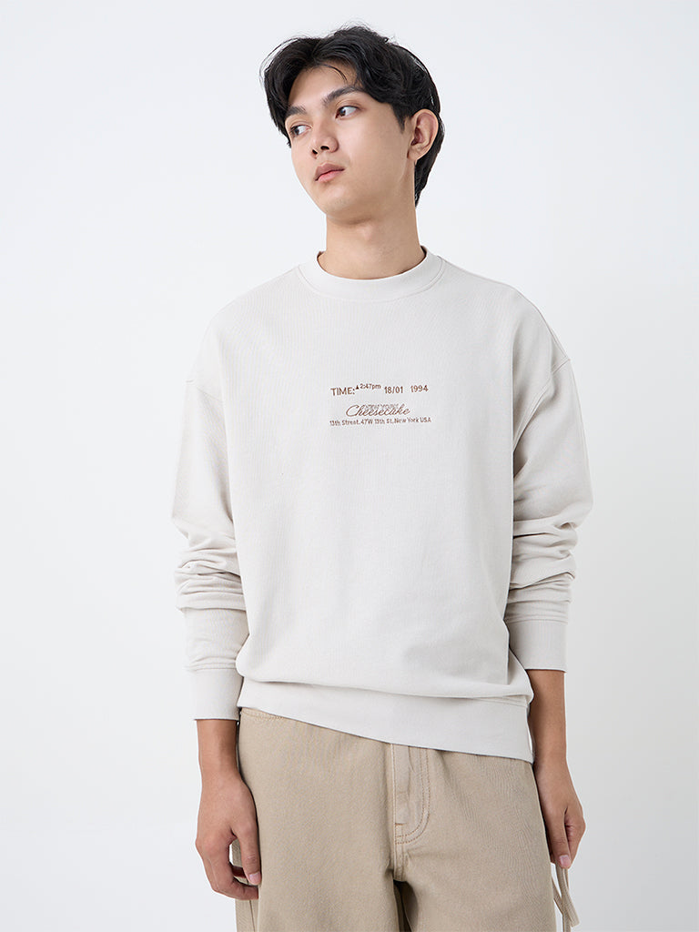 Nuon Taupe Text Detailed Relaxed-Fit Cotton Sweatshirt